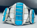 Huge Vintage Native American Zuni Checker Turquoise Pearl Sterling Silver Bracelet-Nativo Arts
