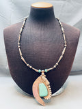 One Of The Biggest Crazy Vintage Native American Navajo Turquoise Leaf Sterling Silver Necklace-Nativo Arts