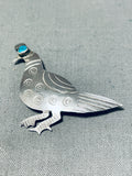 Adorable Vintage Native American Navajo Morenci Turquoise Sterling Silver Quail Pin-Nativo Arts