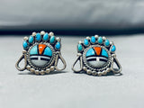 One Of Best Native American Navajo Blue Gem Turquoise Coral Inlay Silver Cuff Links-Nativo Arts
