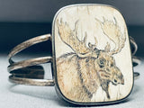 Hand Carved Moose Huge Vintage Native American Navajo Sterling Silver Bracelet Cuff-Nativo Arts