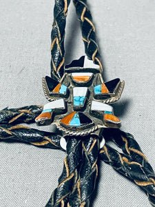 Rare Vintage Native American Zuni Turquoise Coral Sterling Silver Knifewing Bolo Tie-Nativo Arts