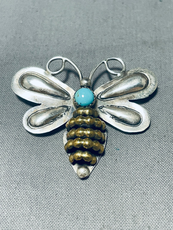 Native American Omg Cute Bee Vintage Turquoise Sterling Silver Pin-Nativo Arts