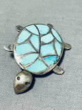Cutest Vintage Native American Zuni Blue Gem Turquoise Sterling Silver Turtle Pin-Nativo Arts