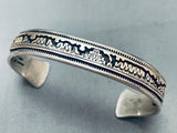 Detailed Hand Carved Vintage Native American Navajo Sterling Silver Gold Bracelet-Nativo Arts