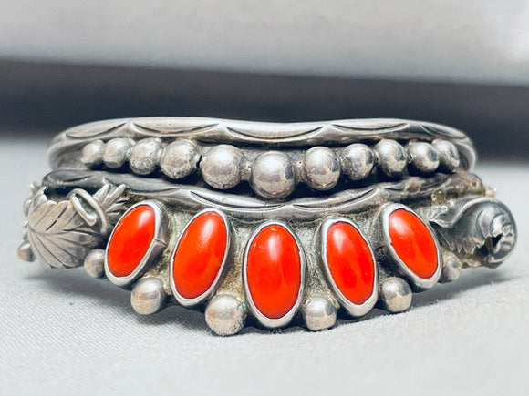 One Of The Best Vintage Native American Navajo Coral Sterling Silver Bead Bracelet-Nativo Arts