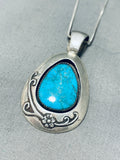 Gorgeous Vintage Native American Navajo Blue Gem Turquoise Stelring Silver Necklace Signed-Nativo Arts