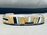 Signed Vintage Native American Navajo Blue Gem Turquoise Jet Sterling Silver Bracelet-Nativo Arts