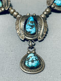 Fabulous Vintage Native American Navajo 4 Morenci Turquoise Sterling Silver Leaves Necklace-Nativo Arts