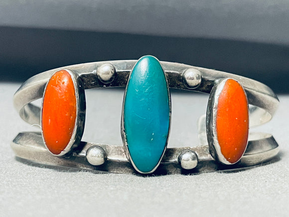 Gasp! Beautiful Vintage Native American Navajo Turquoise Domed Coral Sterling Silver Bracelet-Nativo Arts