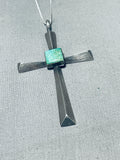 Divine Vintage Native American Navajo Royston Turquoise Square Sterling Silver Cross Necklace-Nativo Arts