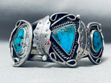 Chunky Vintage Native American Navajo Morenci Turquoise Sterling Silver Leaf Bracelet-Nativo Arts