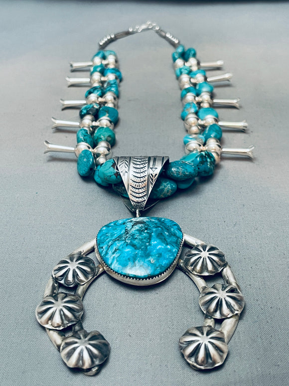 Fab Sterling Shell Native American Navajo Turquoise Silver Squash Blossom Necklace-Nativo Arts