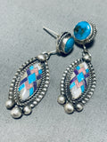 One Of Most Beautiful Vintage Native American Navajo Turquoise Inlay Sterling Silver Earrings-Nativo Arts