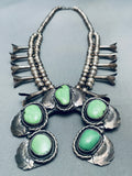 Gorgeous Vintage Native American Navajo Green Turquoise Sterling Silver Squash Blossom Necklace-Nativo Arts
