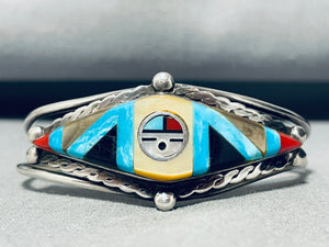 Woah! Vintage Native American Zuni Detailed Inlay Turquoise Sterling Silver Sun Bracelet-Nativo Arts