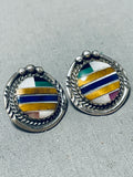 Native American Intricate Vintage Zuni Lapis Sterling Silver Inlay Earrings-Nativo Arts