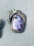 Stunning Vintage Native American Navajo Charoite Sterling Silver Leaf Earrings-Nativo Arts