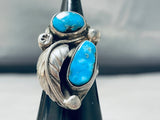 Superior Vintage Native American Navajo 2 Turquoise Mountain Sterling Silver Ring-Nativo Arts