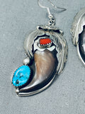 Huge Native American Navajo Turquoise Sterling Silver Bear Cla Coral Earrings-Nativo Arts