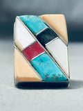 One Of The Biggest Vintage Native American Navajo Turquoise Inlay Sterling Silver Ring-Nativo Arts