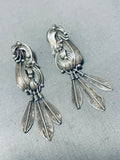 Exquisite Vintage Native American Navajo Sterling Silver Feathers Leaves Pendant Earrings-Nativo Arts
