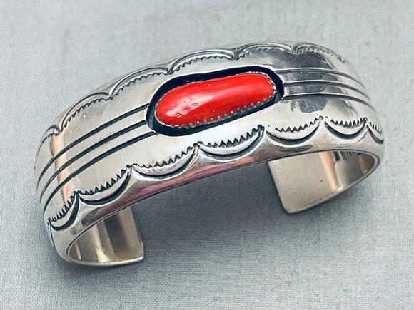 Mega Coral Chunk Vintage Native American Navajo Sterling Silver Bracelet Cuff-Nativo Arts
