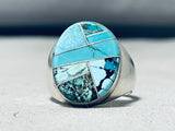 Brilliant Vintage Native American Navajo Turquoise Inlay Sterling Silver Large Ring-Nativo Arts