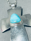 Impressive Native American Navajo Blue Gem Turquoise Sterling Silver Signed Cross Necklace-Nativo Arts