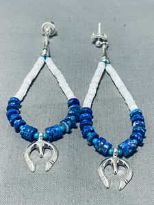 Unique Native American Navajo Lapis Mother Of Pearl Sterling Silver Naja Earrings-Nativo Arts