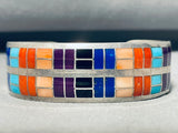 Tsadiase Vintage Native American Zuni Turquoise Inlay Sterling Silver Squared Bracelet Cuff-Nativo Arts