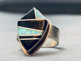 Intricate Vintage Native American Navajo Opal Jet Inlay Sterling Silver Ring-Nativo Arts