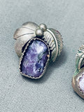 Stunning Vintage Native American Navajo Charoite Sterling Silver Leaf Earrings-Nativo Arts