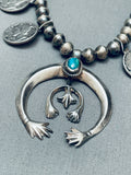 Open Arms Vintage Native American Navajo Turquoise Sterling Silver Squash Blossom Necklace-Nativo Arts