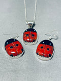 Lester James Native American Navajo Spiny Oyster Onyx Sterling Silver Ladybug Earring Set-Nativo Arts