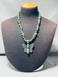 Signed Native American Navajo Royston Turquoise Sterling Silver Butterfly Necklace-Nativo Arts