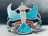 Huge Vintage Native American Navajo Turquoise Bird Sterling Silver Inlay Bracelet
