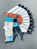 One Of Most Detailed Vintage Navajo Turquoise Inlay Sterling Silver Chief Pin