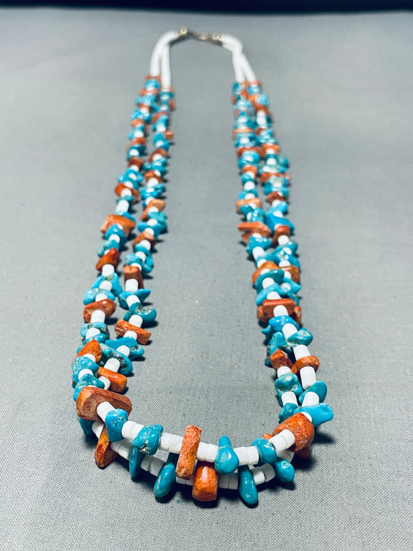 Native American Superb Vintage Santo Domingo Turquoise Coral Shell Double Strand Necklace-Nativo Arts