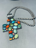 131 Grams Vintage Native American Navajo Turquoise Sterling Silver Cross Necklace-Nativo Arts