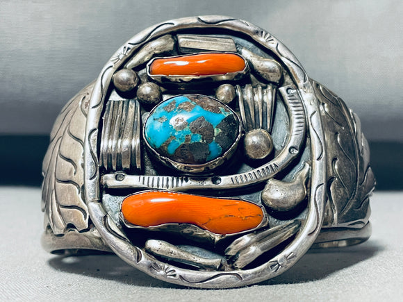 Smokey Bisbee!!! Vintage Native American Navajo Turquoise Sterling Silver Coral Bracelet-Nativo Arts