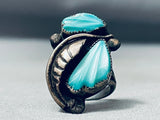 Hand-carved Leaf Turquoise Vintage Native American Navajo Sterling Silver Leaf Ring. Old-Nativo Arts