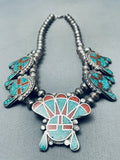 Authentic Vintage Native American Navajo Turquois Einlay Sterling Silver Squash Blossom Necklace-Nativo Arts