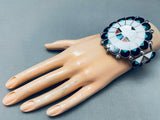 Heavy Huge Vintage Native American Zuni Inlay Sterling Silver Sun Bracelet-Nativo Arts