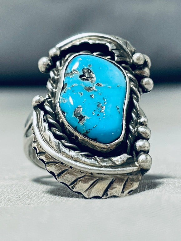 Awesome Vintage Native American Navajo Morenci Turquoise Sterling Silver Leaves Ring-Nativo Arts