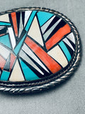 One Of The Most Intricate Vintage Native American Navajo Turquoise Inlay Sterling Silver Buckle-Nativo Arts