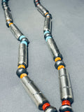 Rare Longer Colorful Native American Navajo Turquoise Coral Sterling Silver Tubule Necklace-Nativo Arts