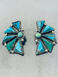 One Of A Kind Native American Navajo Turquoise Sterling Silver Fan Earrings-Nativo Arts