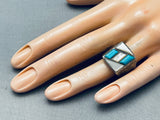 Thicker Vintage Navajo Turquoise Pearl Inlay Sterling Silver Ring-Nativo Arts