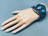Heavy 115 Grams Vintage Native American Navajo Blue Diamond Turquoise Sterling Silver Bracelet-Nativo Arts